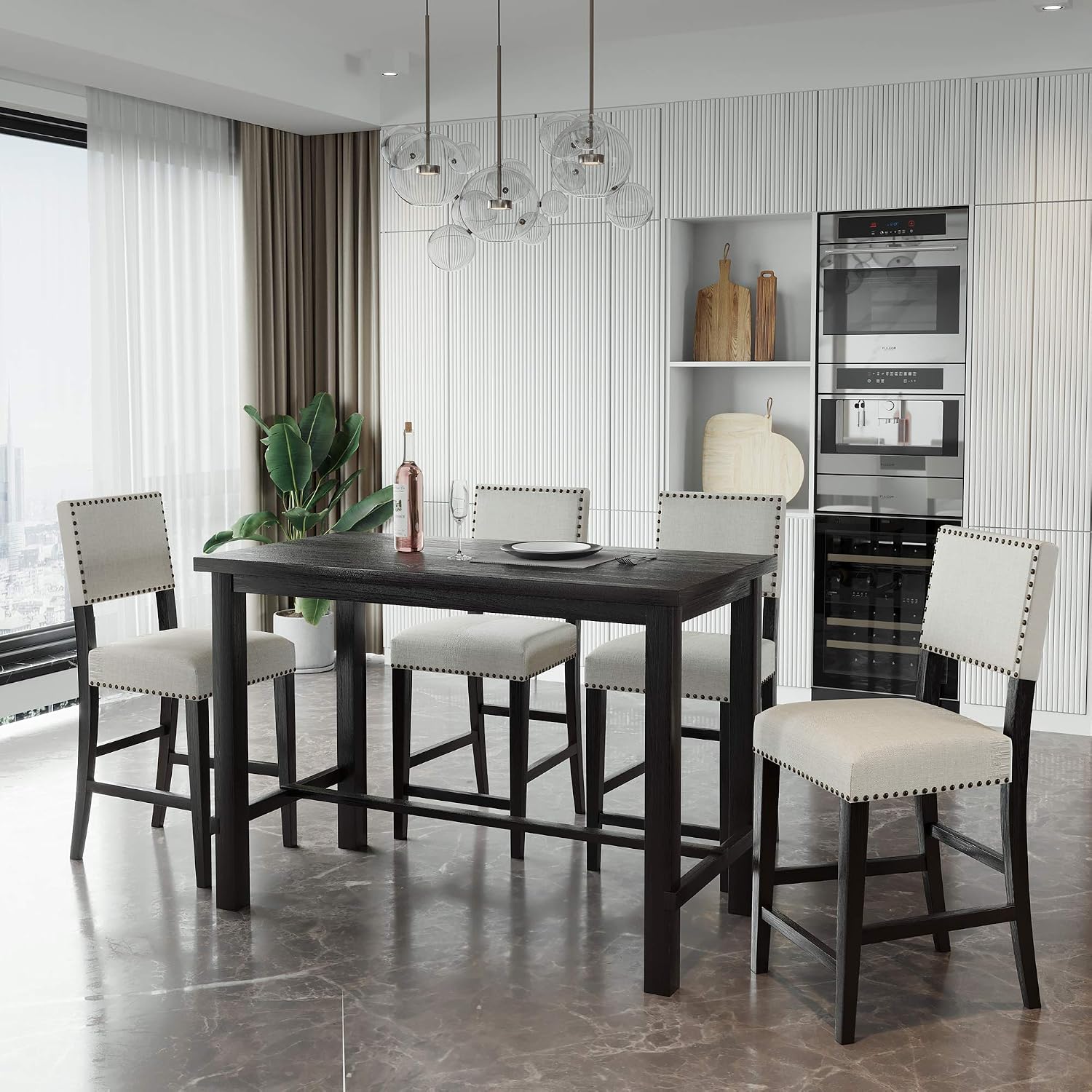 P PURLOVE 5 Piece Kitchen Table Set Counter Height Dining Table Set with Rectangle Table and 4 Cushioned Chairs for Small Place,Pub Kitchen