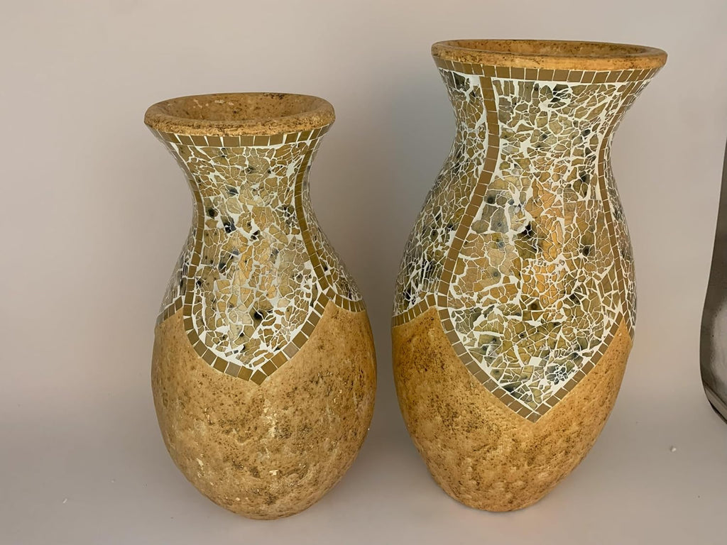 Floor Vase, 18 Inch Mosaic Vase – Tall Cylinder Made of Terracotta with Yellow Tan Glass Mosaic Pieces – Handcrafted Decorative Home Décor Accent Piece for Bedroom, Living Room, Office