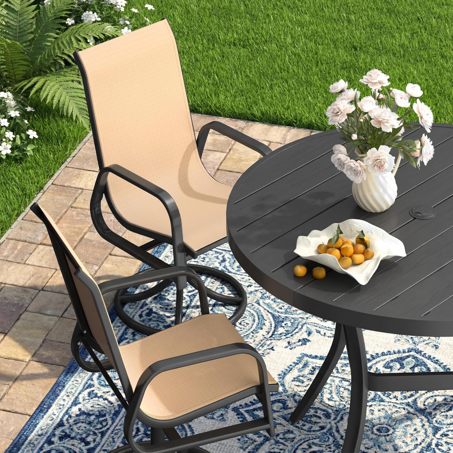 MELLCOM 5 Pieces Outdoor Dining Set, 4 Swivel Rocker Chairs with High Back Textilene & 42'' Round Metal Dining Table with Umbrella Hole, Patio Furniture Set for Deck, Beige