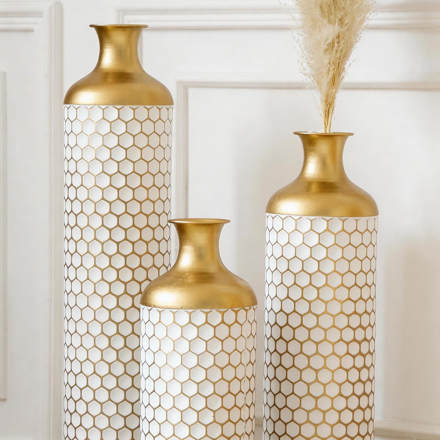 Tall Floor Vases Set of 3, White and Gold Large Tall Decorative Standing Vases with Hammered Gold Accents for Fireplace Home Corner Hallway Office, 31.5' 27.5' 23.6'