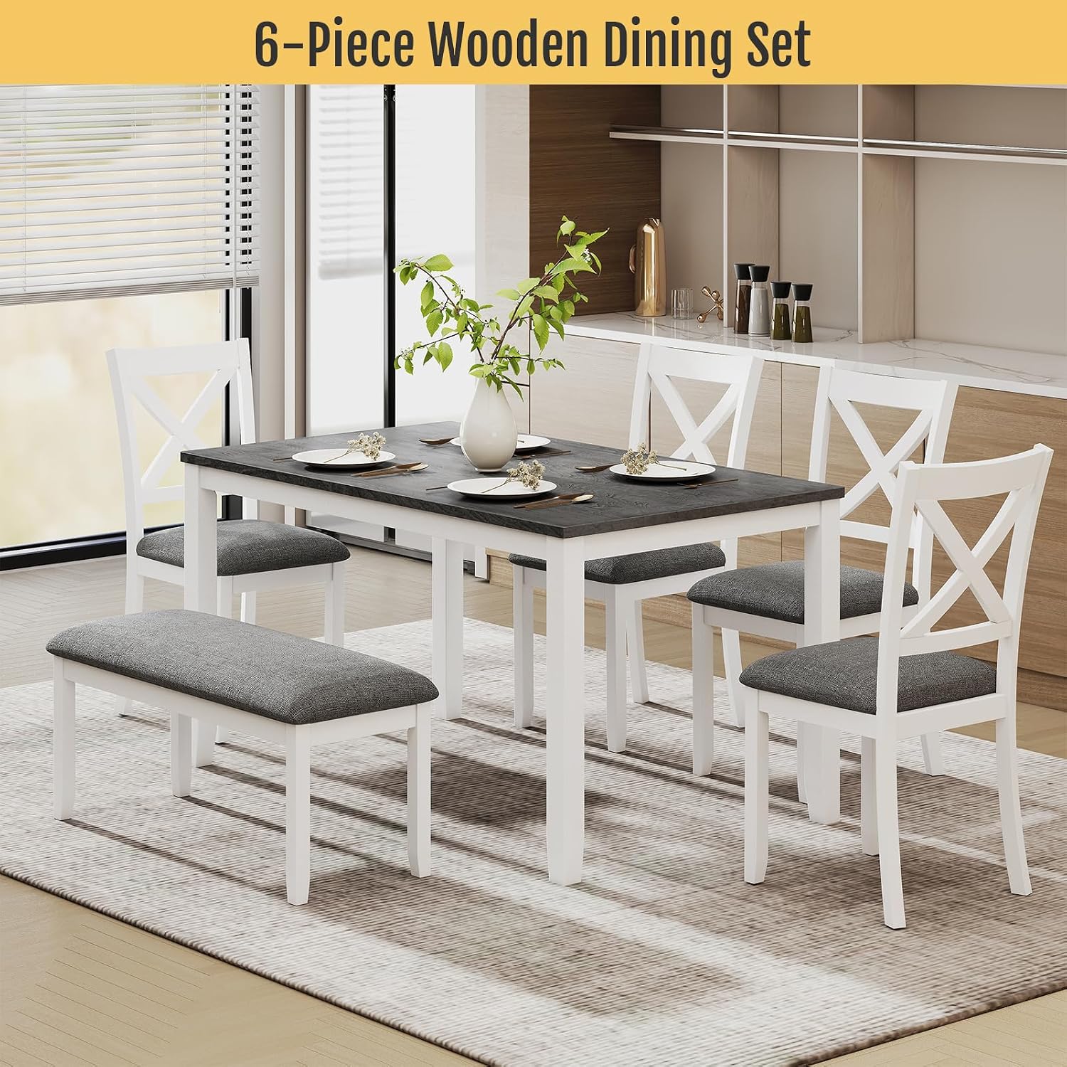 Zevemomo 6-Piece Solid Wood Dining Table Set, Including 1 Dining Table, 4 Upholstered Chairs and 1 Bench, Wooden Legs Dining Table Set for Dining Room, Kitchen, Restaurant, White