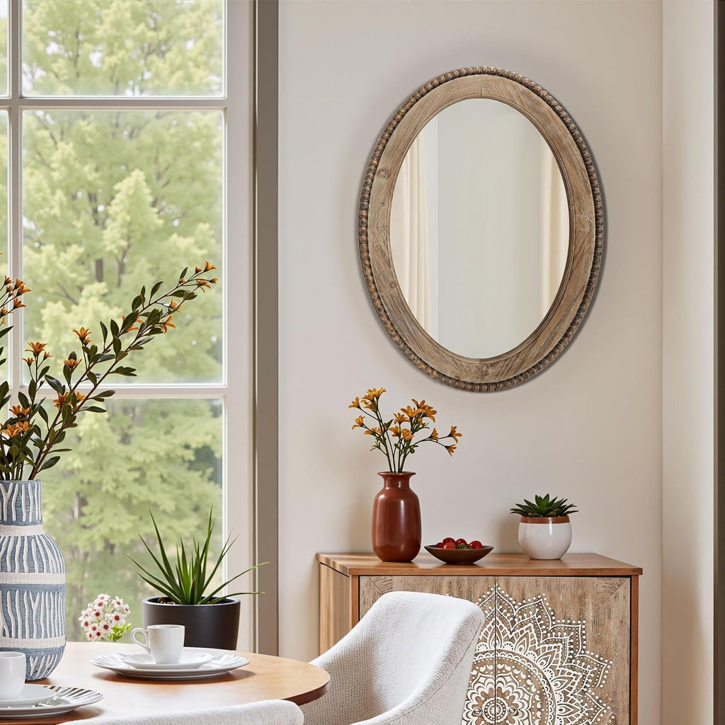 LuxenHome Traditional Oval Wall Mirror, 32-Inch Wood Framed Accent Wall Mirrors, Farmhouse Decorative Wooden Mirror Accent Entryway Wall Mirror, Wall Mounted Mirror Living Room Wall Decor