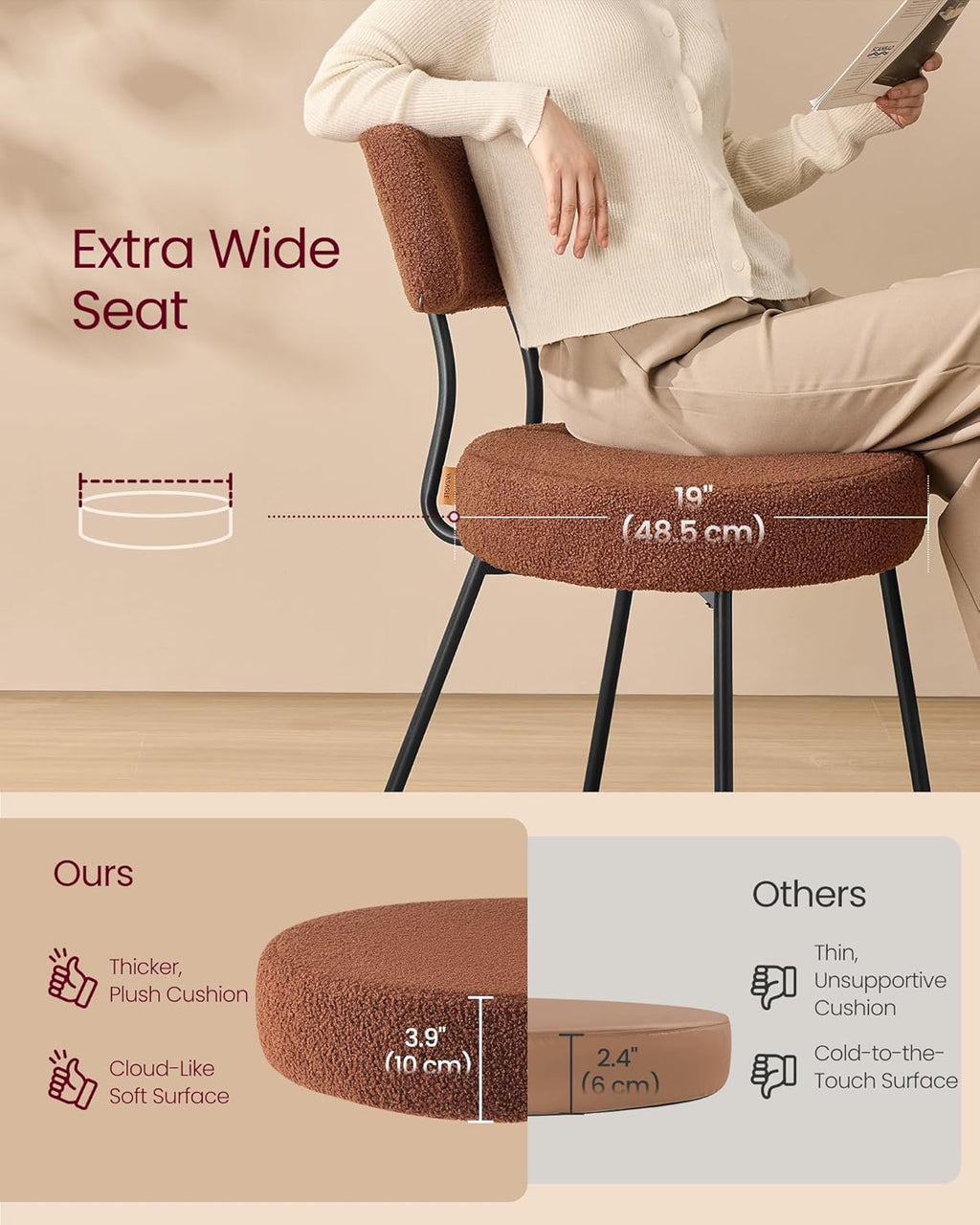 VASAGLE Boucle Dining Chairs Set of 4, Upholstered Kitchen Dining Room Chairs with Curved Backrest and Steel Frame, Modern Mid Century, Round, for Vanity, Living Room, Coffee Brown UKDC110K01-2J