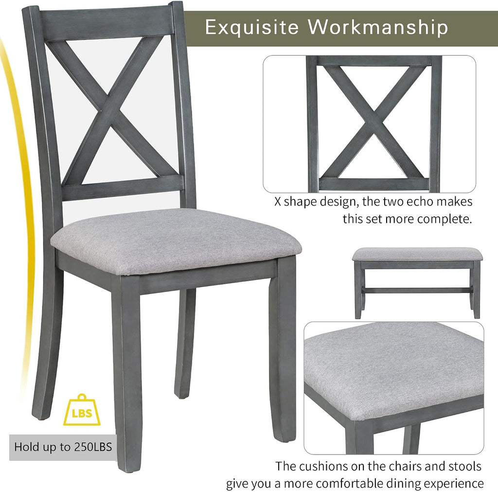 6 Pieces Dining Table Set, Wood Rectangle Table and 4 Chairs with Bench with Cushion, Kitchen Table Chairs Set for 6 Persons (Gray)