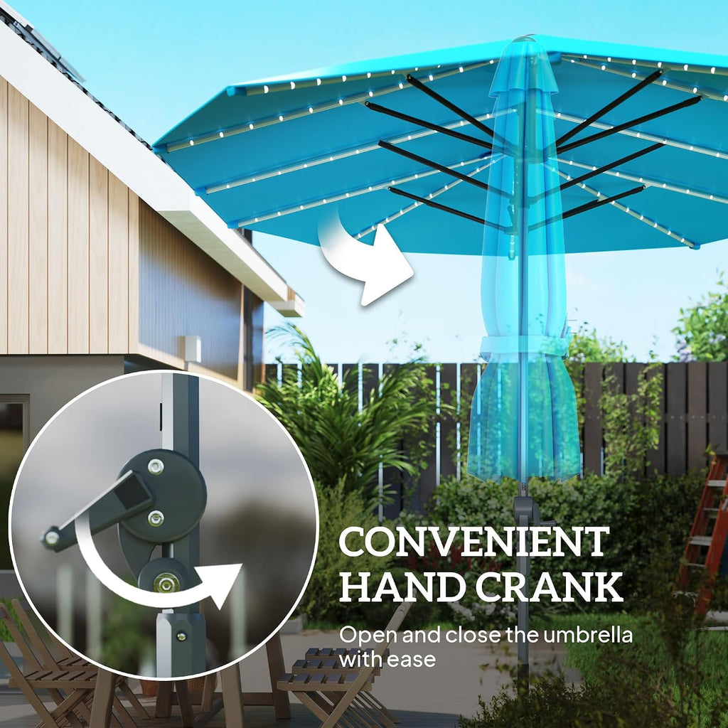 Outsunny 15ft Extra Large Patio Umbrella with Bright Solar Lights, Aluminum UPF50+ Double-Sided Outdoor Table Market Umbrella with Fiberglass Ribs Crank Air Vents for Backyard Deck Pool