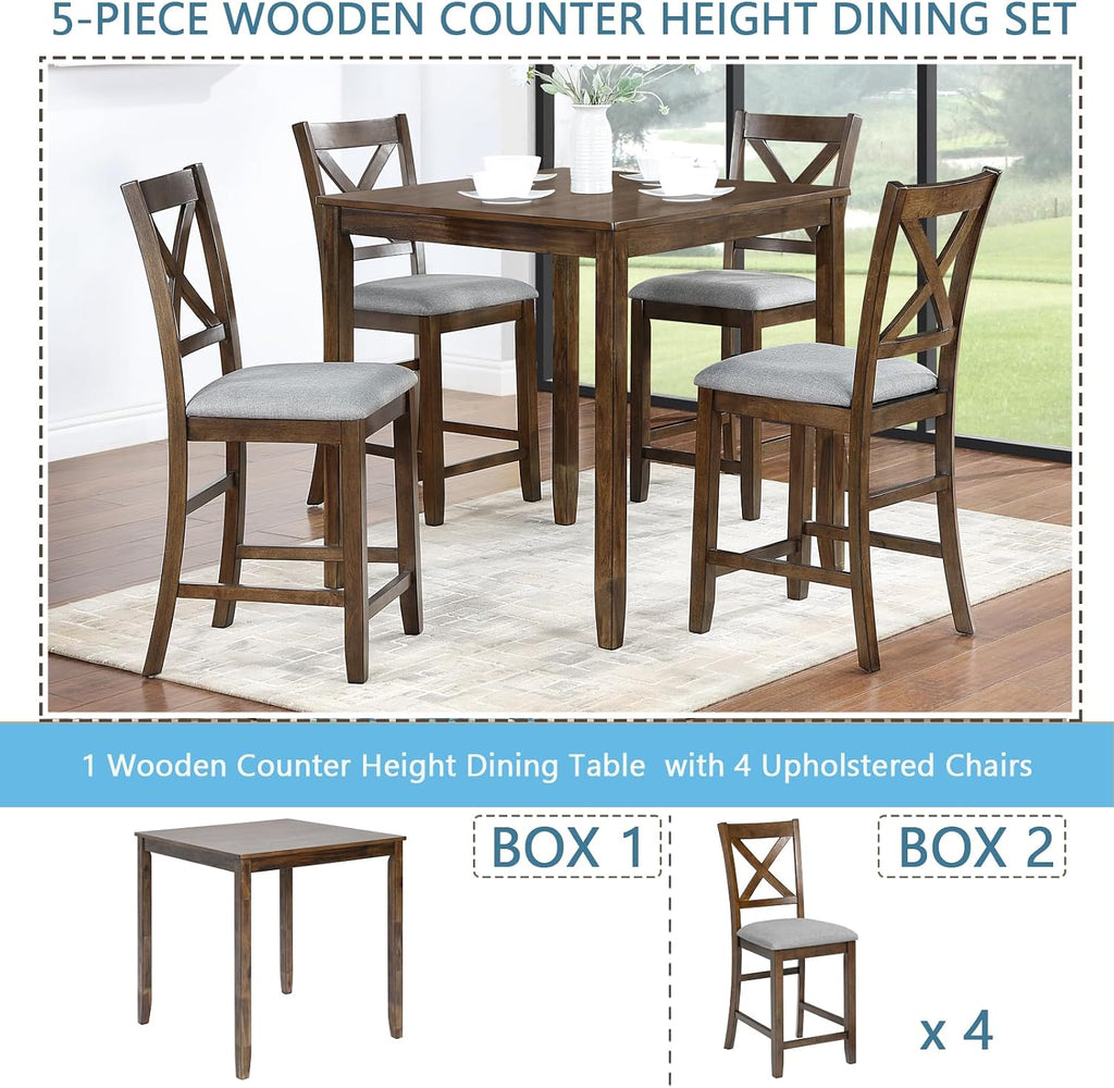 KEIKI 5-Piece Counter Height Dining Table Set with Square Table and 4 Upholstered X-Shaped Backrset Chair, for 4 Person, Modern Style Wooden Table Set, Easy Assembly, for Kitchen, Dining Room, Walnut