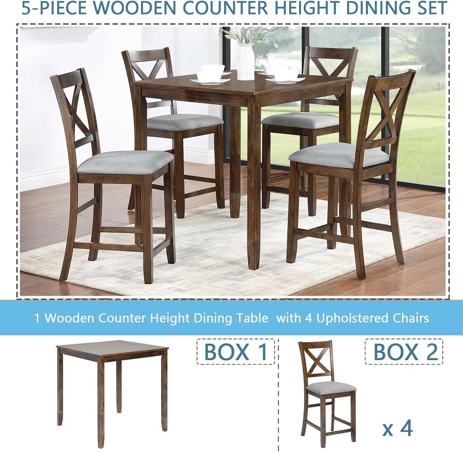 KEIKI 5-Piece Counter Height Dining Table Set with Square Table and 4 Upholstered X-Shaped Backrset Chair, for 4 Person, Modern Style Wooden Table Set, Easy Assembly, for Kitchen, Dining Room, Walnut