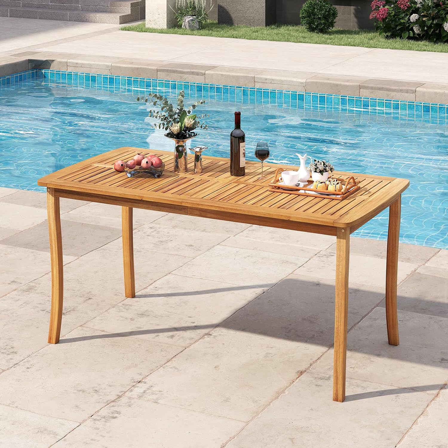 HAPPYGRILL Outdoor Acacia Wood Dining Table for 4-6 People, Patio Furniture Table with Umbrella Hole & Cover, 63' Slatted Tabletop, for Backyard, Patio, Deck, Porch