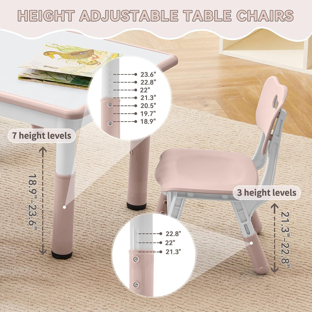 GITAWUSA Kids Study Table and Chairs Set, Height Adjustable Toddler Table and Chair Set for Kids Ages 3-8, Graffiti Desktop Plastic Children Art Table with 4 Seats, Lovely Pink