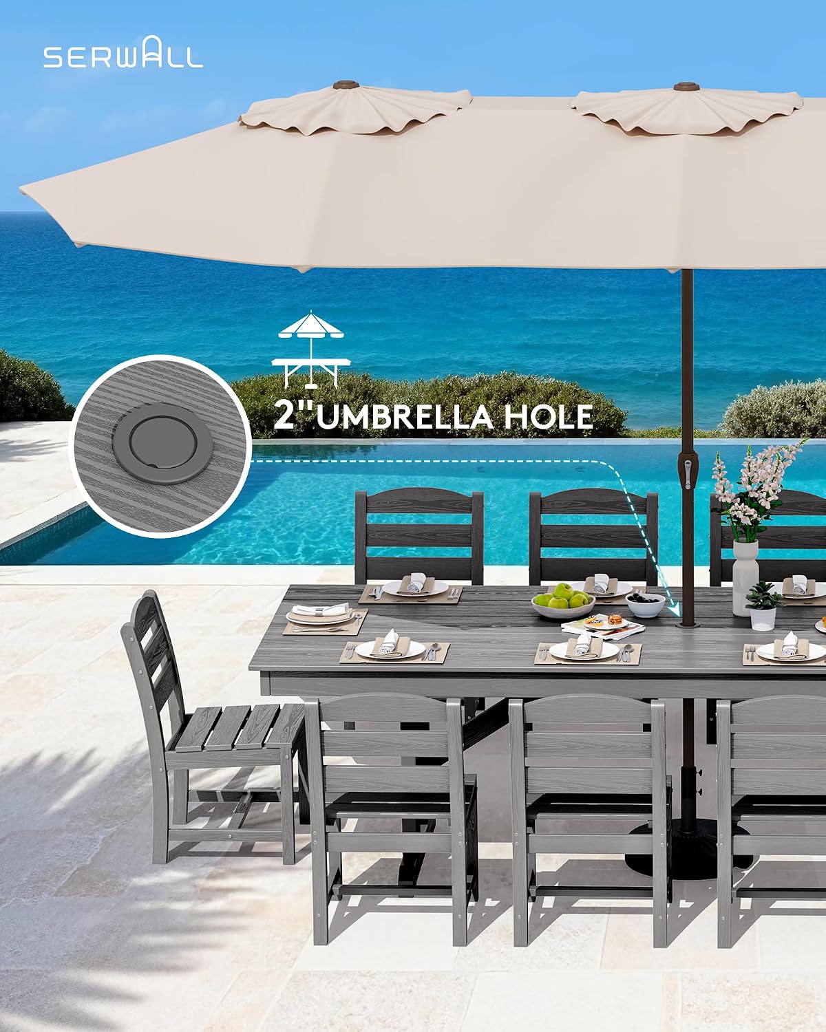 SERWALL Outdoor Dining Table, 84' Rectangular Dining Table for 6-10 Person, All Weather HDPE Outdoor Furniture for Backyard, Garden, Gray