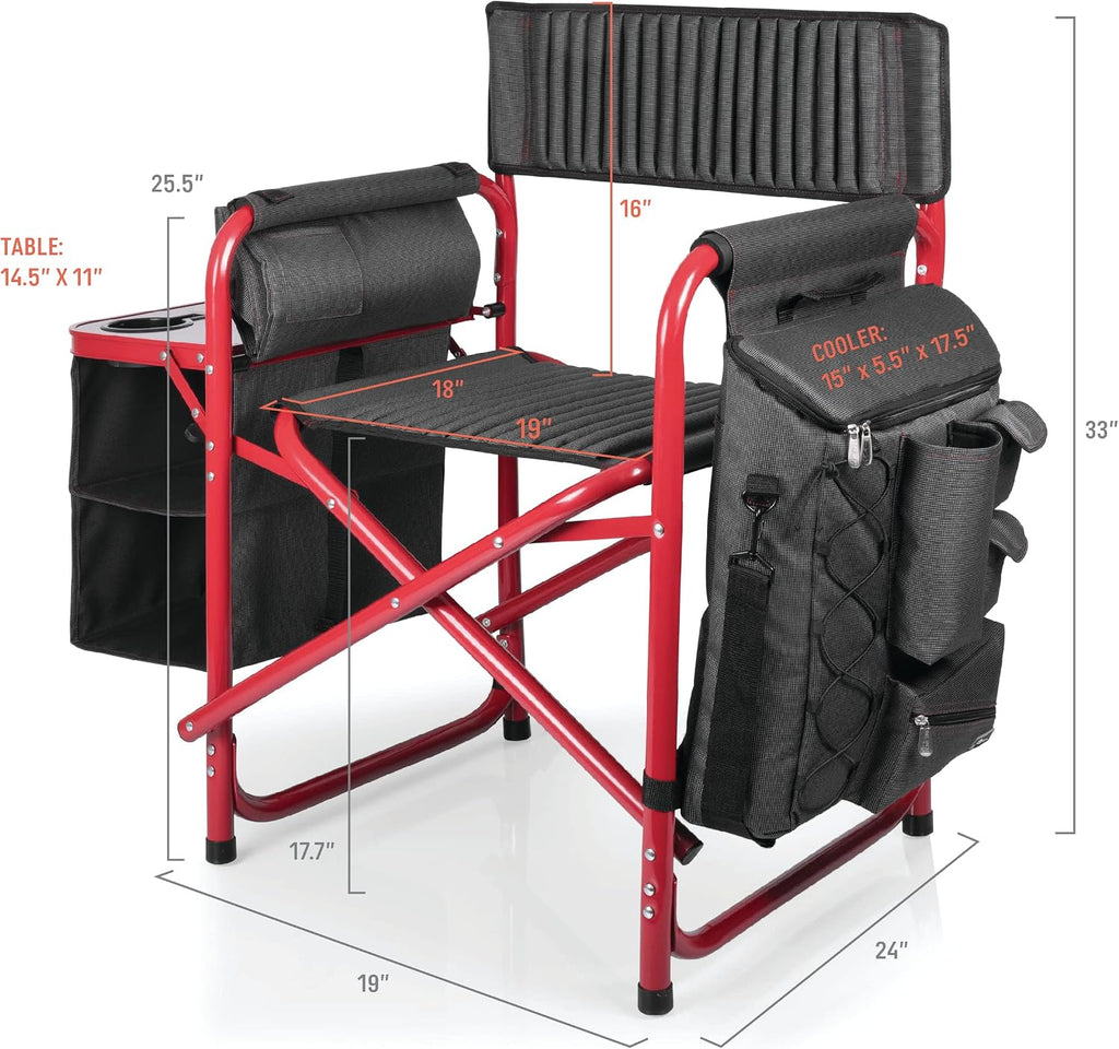 PICNIC TIME Fusion Camping Chair with Side Table and Soft Cooler, Outdoor Foldable Padded Camping Chairs with Cup Holder for Lawn, Beach, & Sports Use for Adults, (Dark Gray Red Accents)