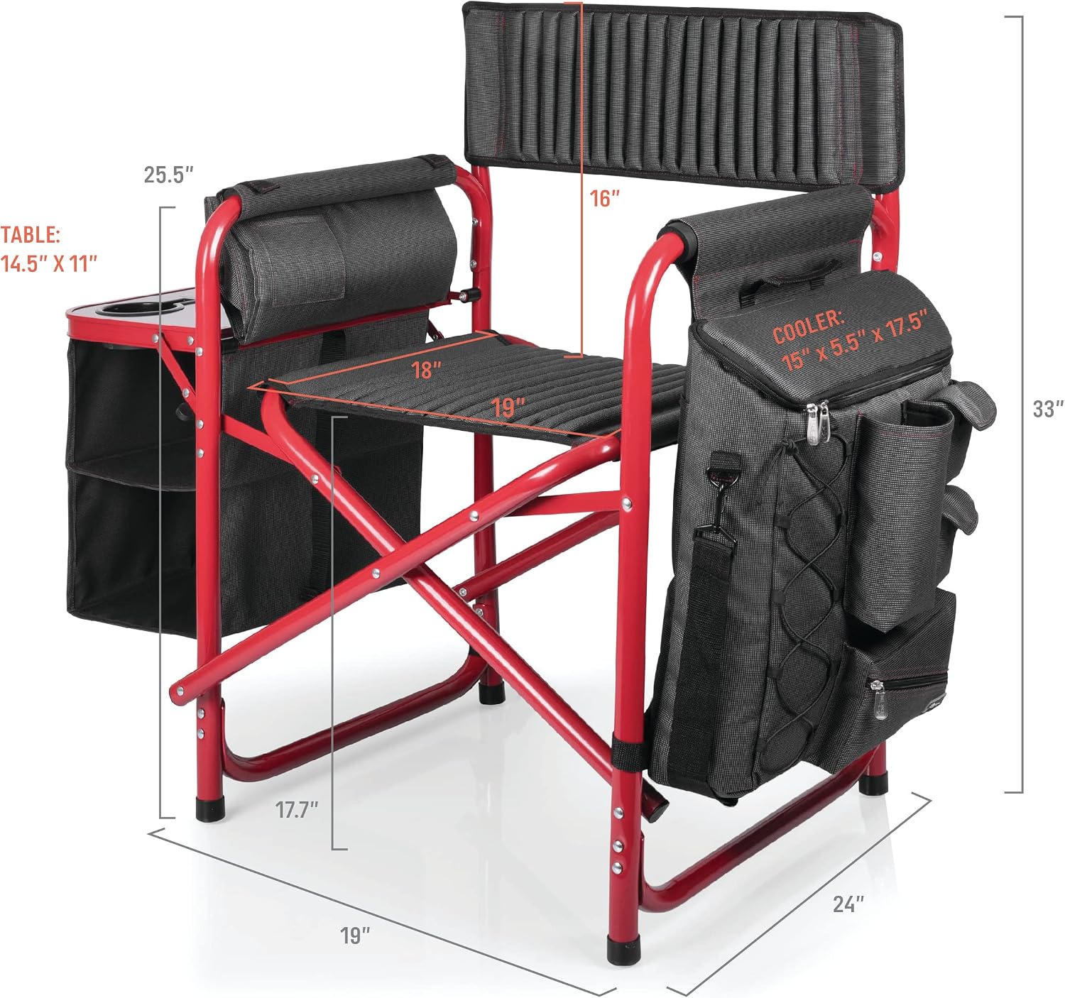 PICNIC TIME Fusion Camping Chair with Side Table and Soft Cooler, Outdoor Foldable Padded Camping Chairs with Cup Holder for Lawn, Beach, & Sports Use for Adults, (Dark Gray Red Accents)