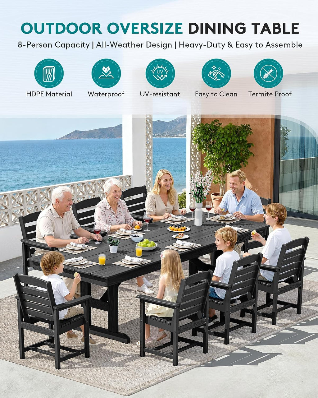 SERWALL 9 Piece Outdoor Dining Set, 84' HDPE Outdoor Table and Chairs for 8，All Weather Patio Dining Furniture Set with Umbrella Hole for Backyard, Garden, Black
