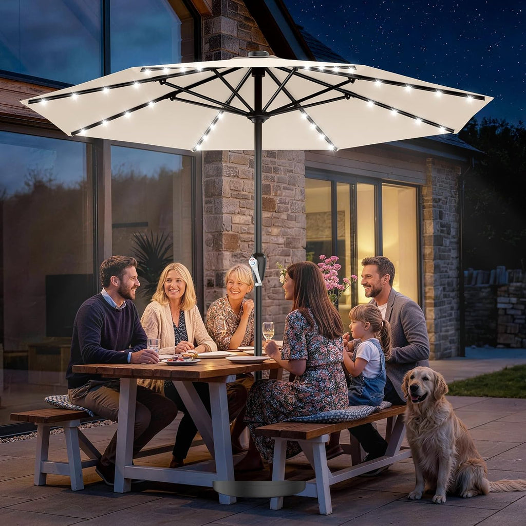 AreShark 12FT Large Patio Umbrella with Solar Lights, Solar Powered Outdoor Umbrella with Crank, Patio Table Market Umbrellas for Garden, Deck, Backyard, Pool and Beach, Cream-White