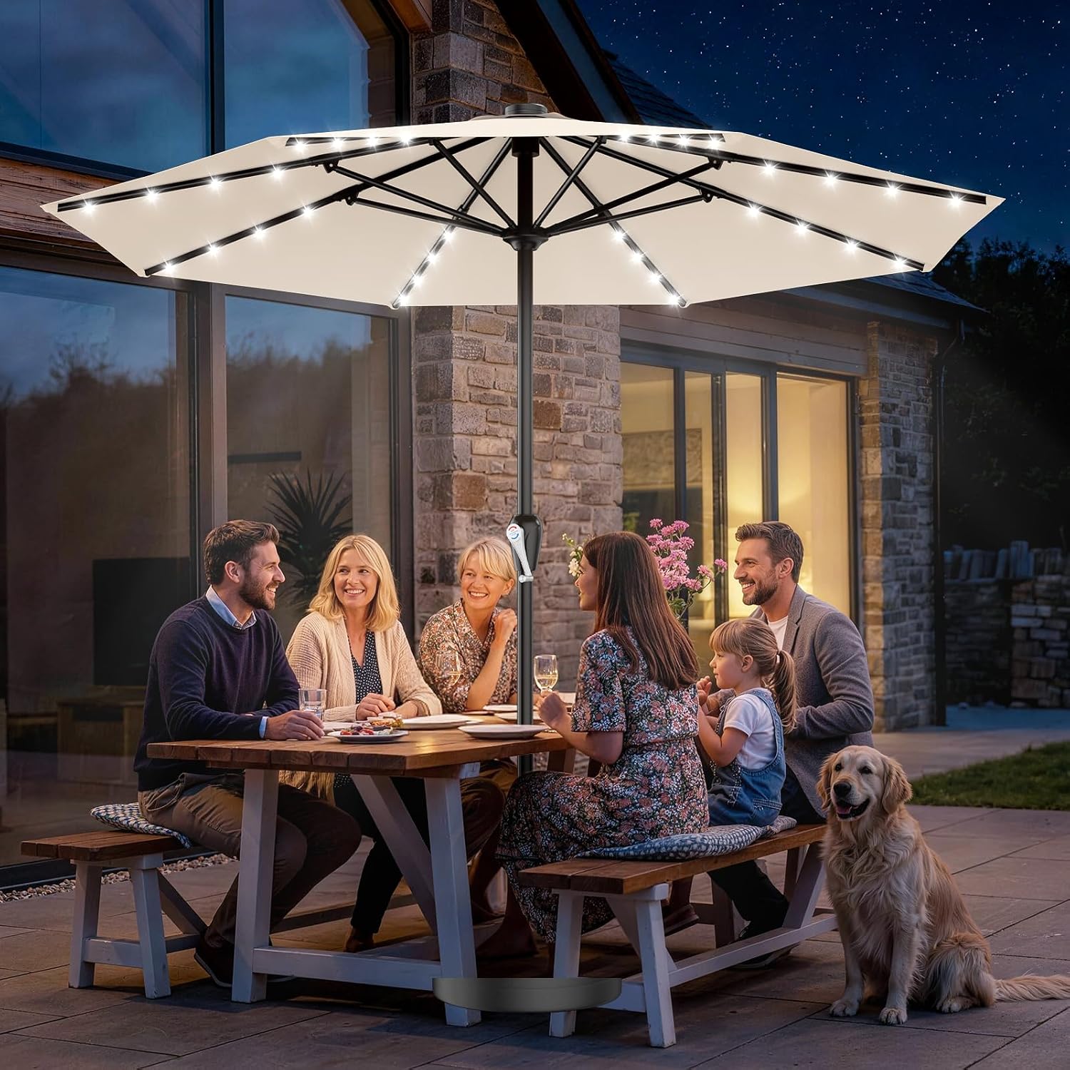 AreShark 12FT Large Patio Umbrella with Solar Lights, Solar Powered Outdoor Umbrella with Crank, Patio Table Market Umbrellas for Garden, Deck, Backyard, Pool and Beach, Cream-White