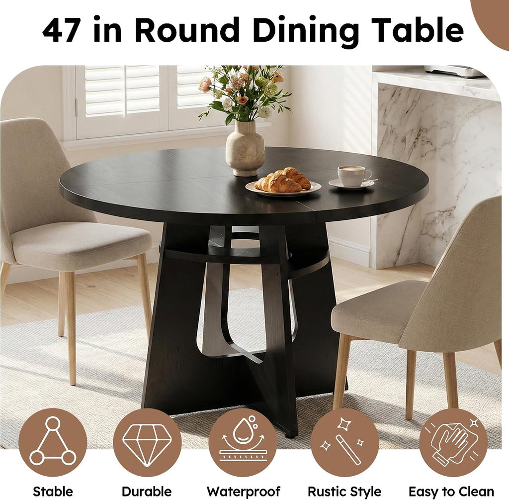 47' Round Dining Table for 4-6 Black, Farmhouse Wood Circle Dinner Table, Modern Wooden Circular Dinner Tables Easy Assembly for Dining Room/Kitchen/Living Room/Apartment (Table Only)