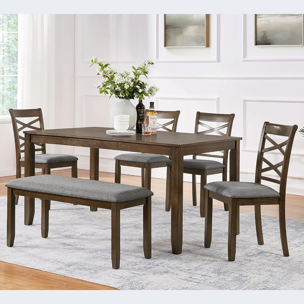KEIKI 6-Piece Standard Height Dining Table Set with Rectangular Table, 4 Upholstered Cross Backrset Chair, Bench, for 6 Person, Modern Style Table Set, Easy Assembly, for Kitchen, Dining Room, Walnut