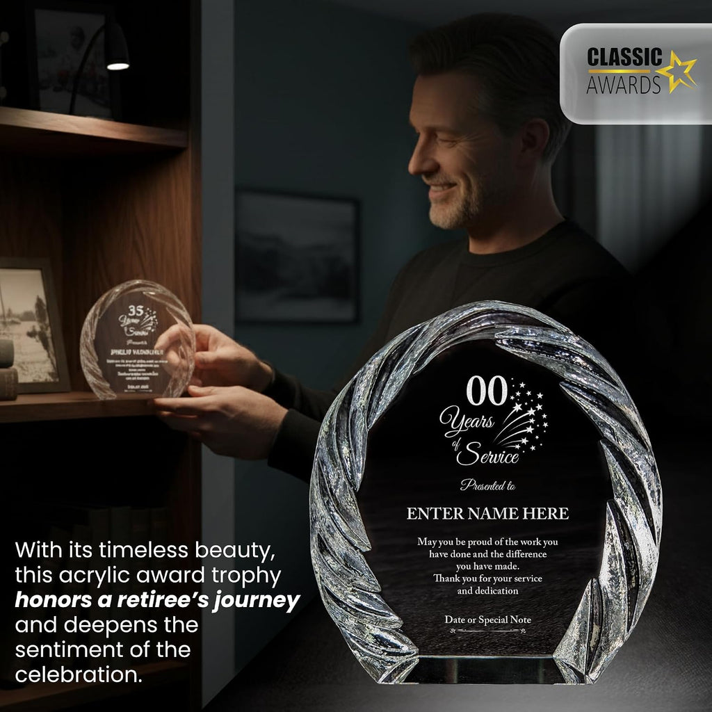 Personalized Acrylic Retirement Gifts For Men and Women, Laser Engraved Custom Trophy for Service Recognition, Years Of Service Retirement Trophy Award for Boss, Employee, Teacher (Oval Crystal)