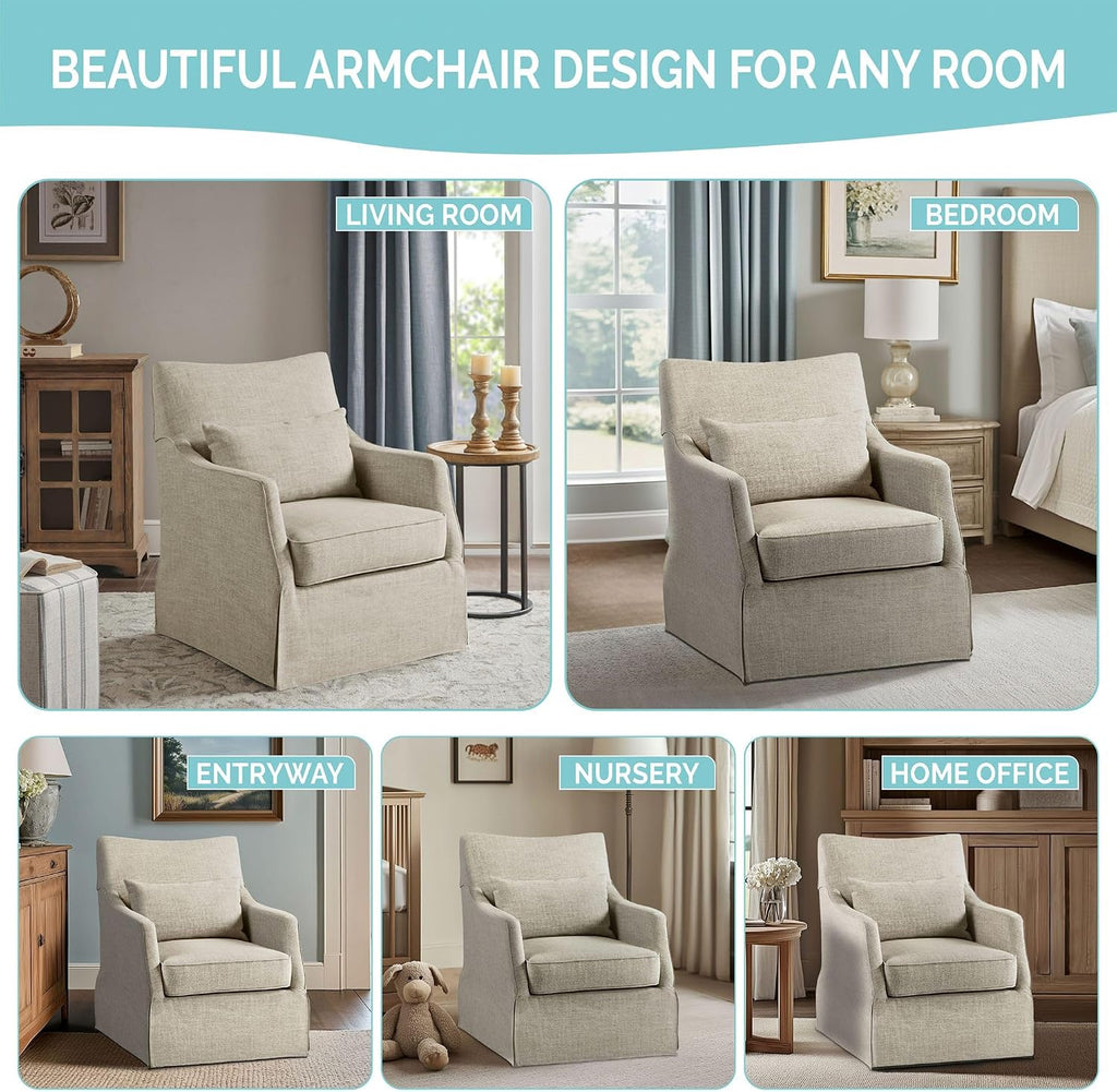 Martha Stewart London Swivel Chair - Solid Wood & Plywood, Skirted Metal Base Accent Armchair, Lumbar Pillow -Modern Classic Family Room Sofa Furniture Bedroom Lounge, 28'X31.5'X35.25', Light Blue