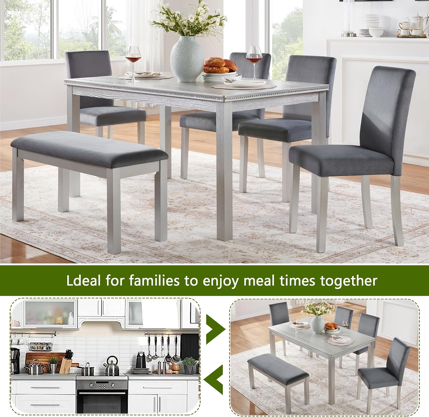 LUMISOL 6 Piece Wooden Dining Table Set, Rectangular Kitchen Table Set with 4 Upholstered Chairs and Bench for 6 People, Sliver Grey