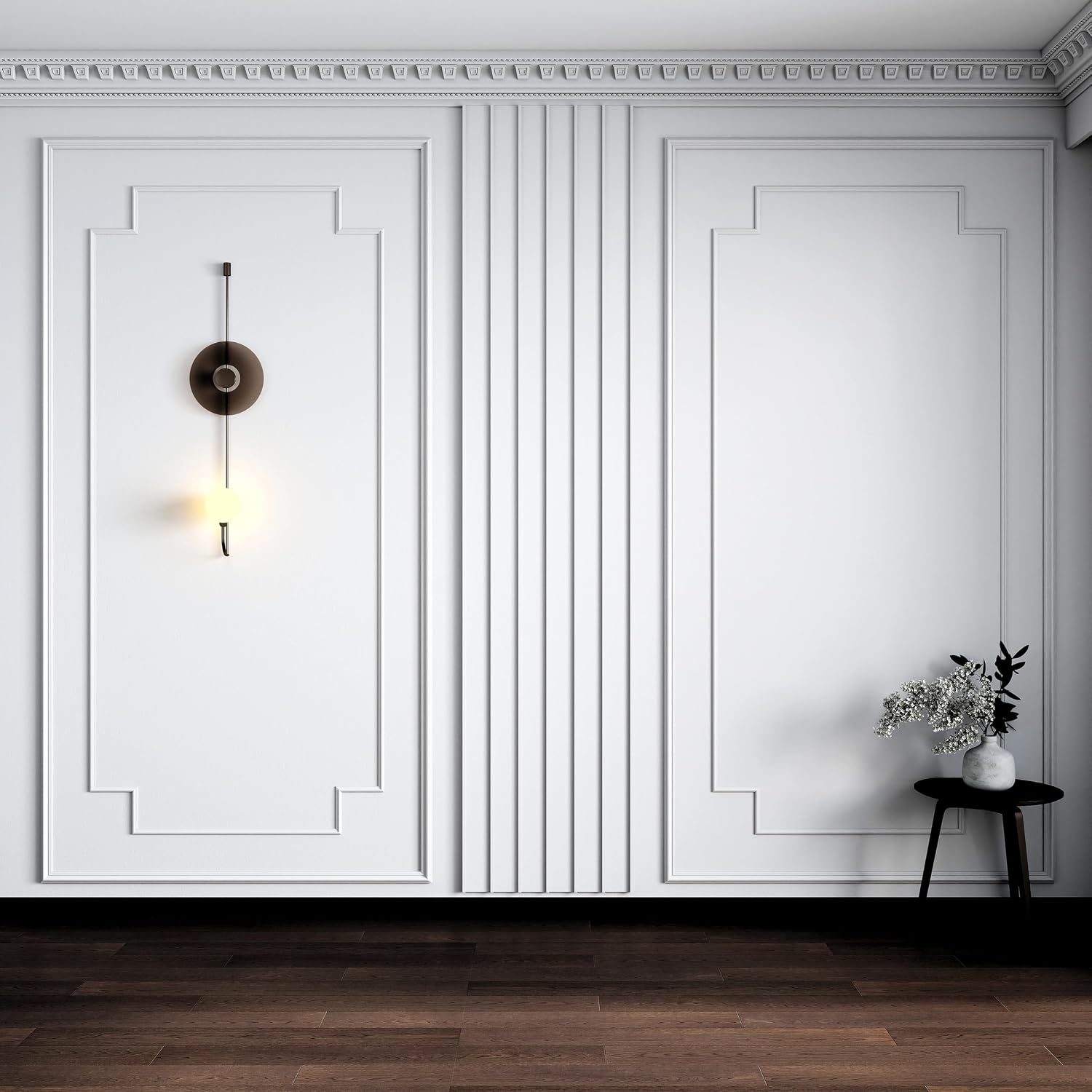 Pangdam 3 Set Peel and Stick Wall Molding Kit Scalloped Wainscot Wall Panel Premade Accent Molding Wainscoting Ready to Assemble Wainscoting Panel for Home Decor (108''x50'',96''x37.5''Elegant Style)