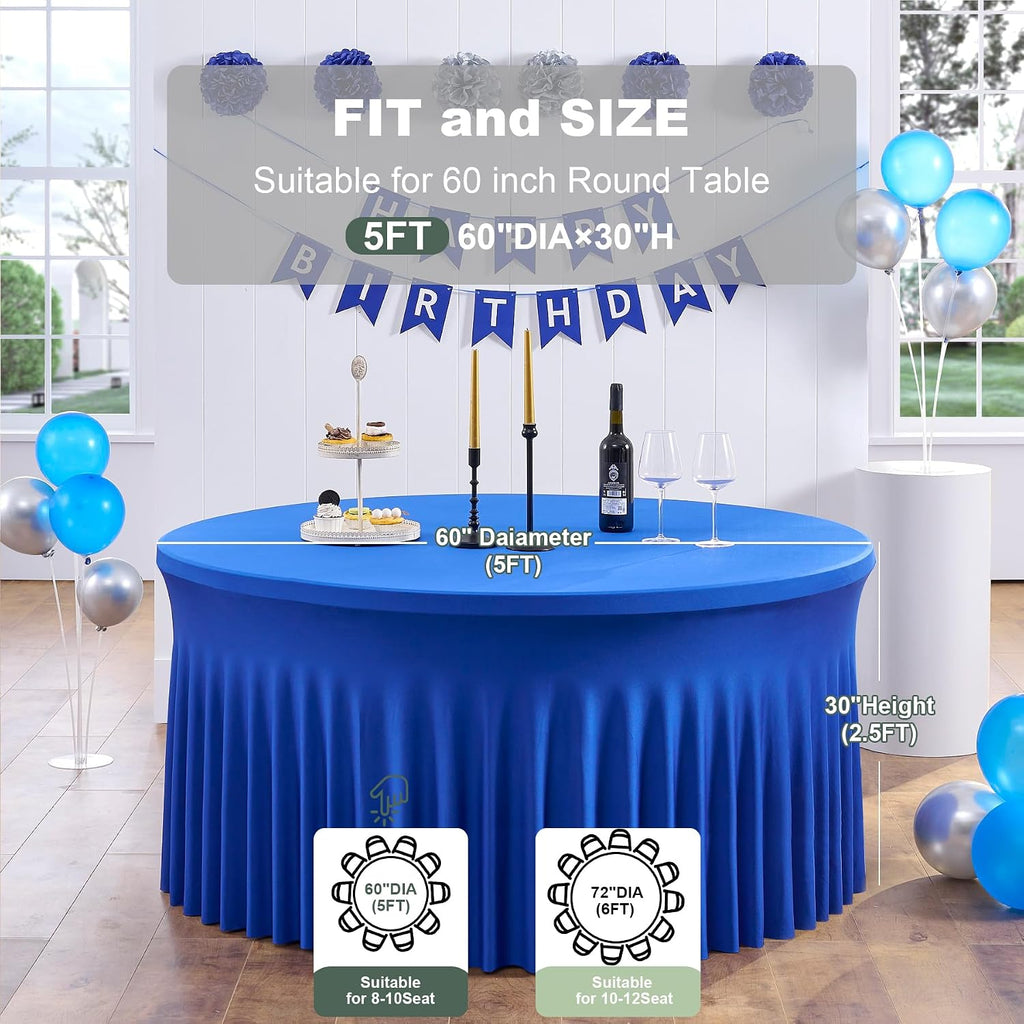 Outpain 12 Pack Spandex Royal Blue Round Tablecloths for 60in Tables, 120Inch Stretchy Fitted 5FT Round Table Clothes,Wrinkle Free Table Cover with Skirt for Wedding Party Dining Banquet