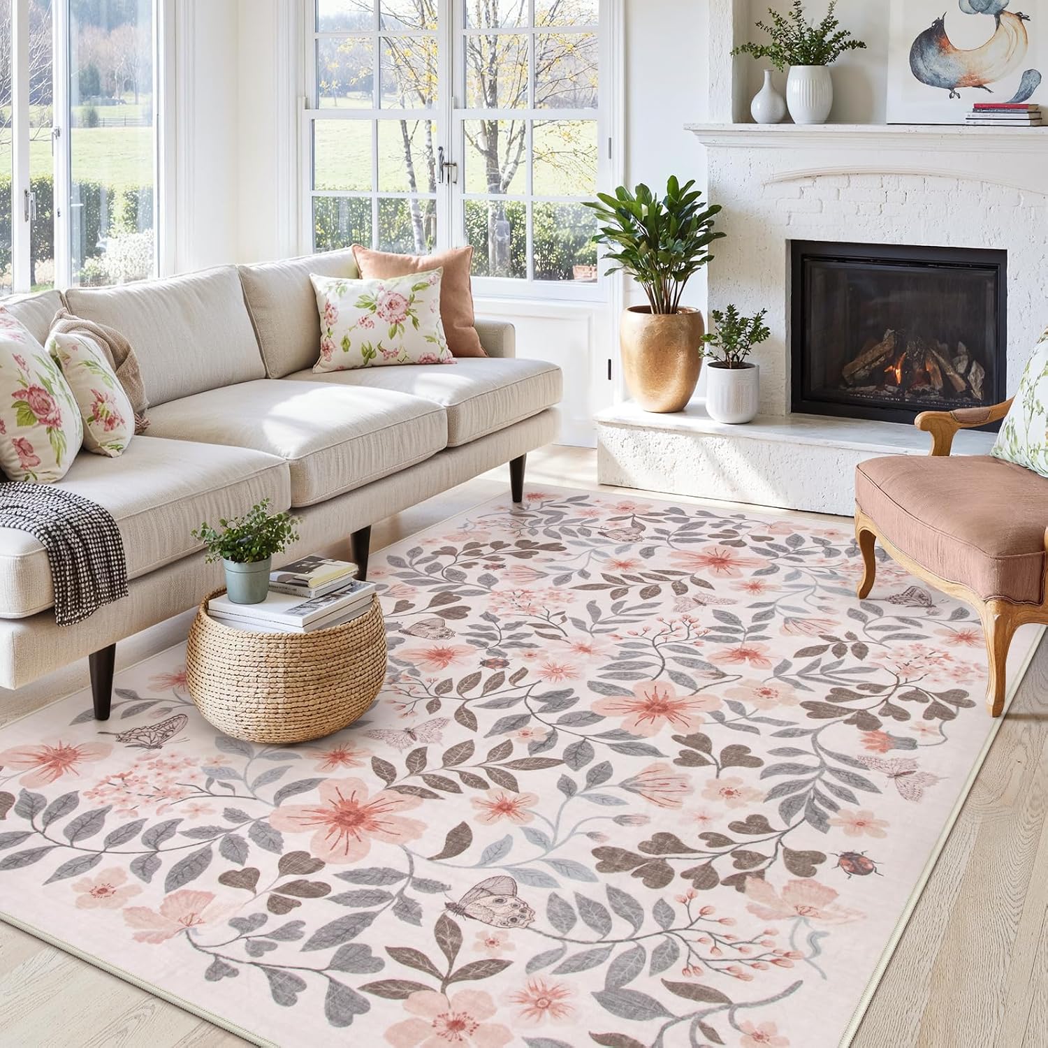 Lahome Reverie 8x10 Fall Floral Area Rugs for Bedroom, Apricot Boho Decor Washable Carpet, Non-Slip Rug for Girls Nursery, Living Room, Dorm, Apartment Decor, Cozy Retreat