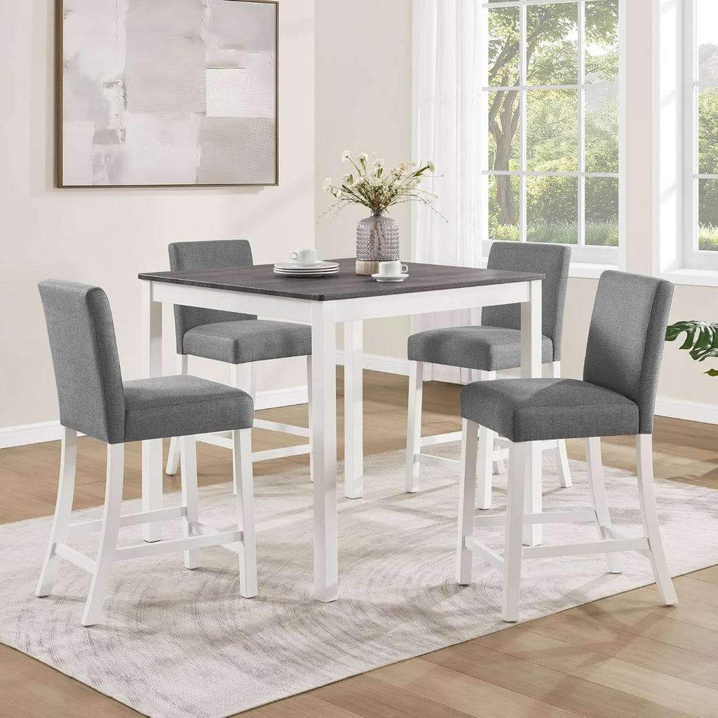 LUMISOL 5-Piece Dining Table Set, Farmhouse Counter Height Dining Table Set with 4 Upholstered Chairs, Wooden Table and Chairs Set for Kitchen, Dining Room, Grey+White