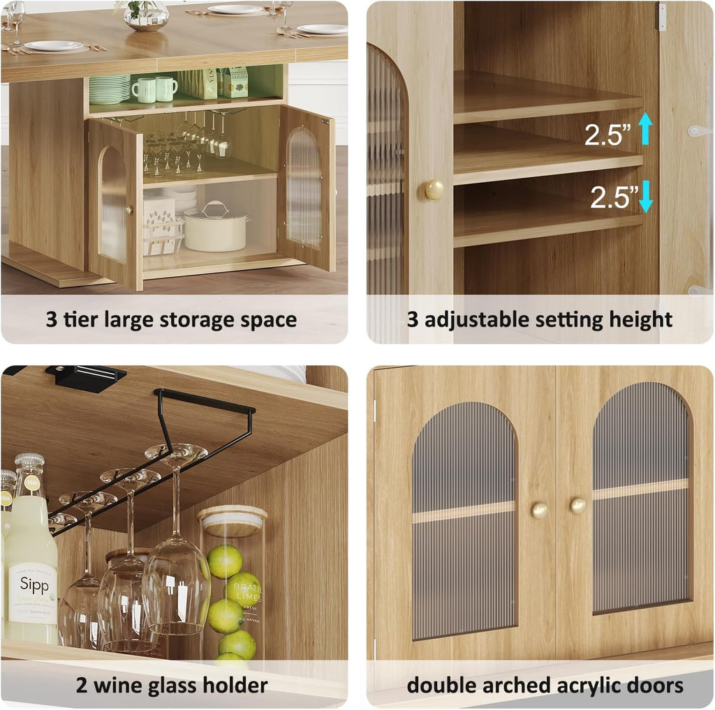 HSH Dining Table for 4–6, 63 Inch Wood Farmhouse Kitchen Table with 3-Tier Storage Shelf and Acrylic Door Cabinet, Rectangular Modern Dining Room Dinner Table for Apartment Home Small Space, Light Oak