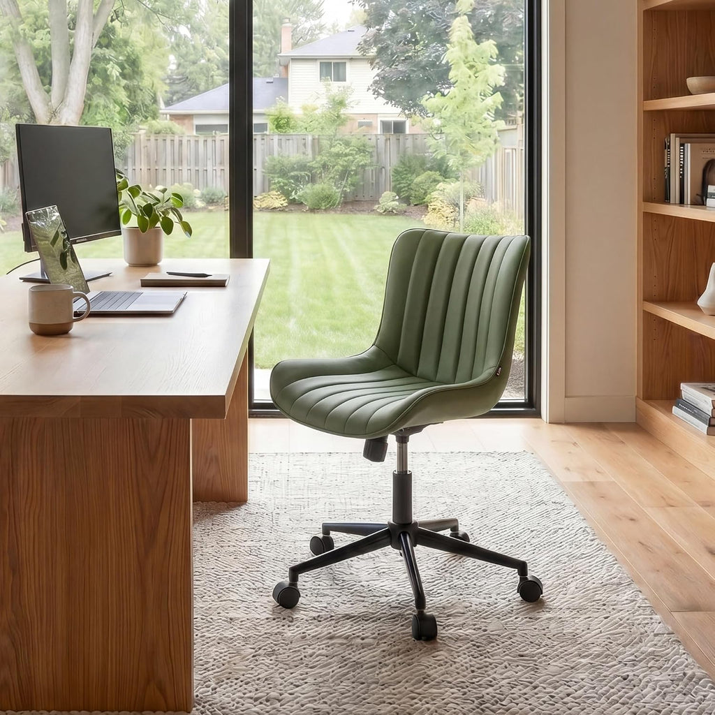 YOUNIKE Olive Green Office Desk Chair with Wheels Armless Compact Comfy Vanity Chair with Adjustable Back Modern Small Faux Leather Upholstered Swivel Cute Rolling Computer Task Chair No Arms
