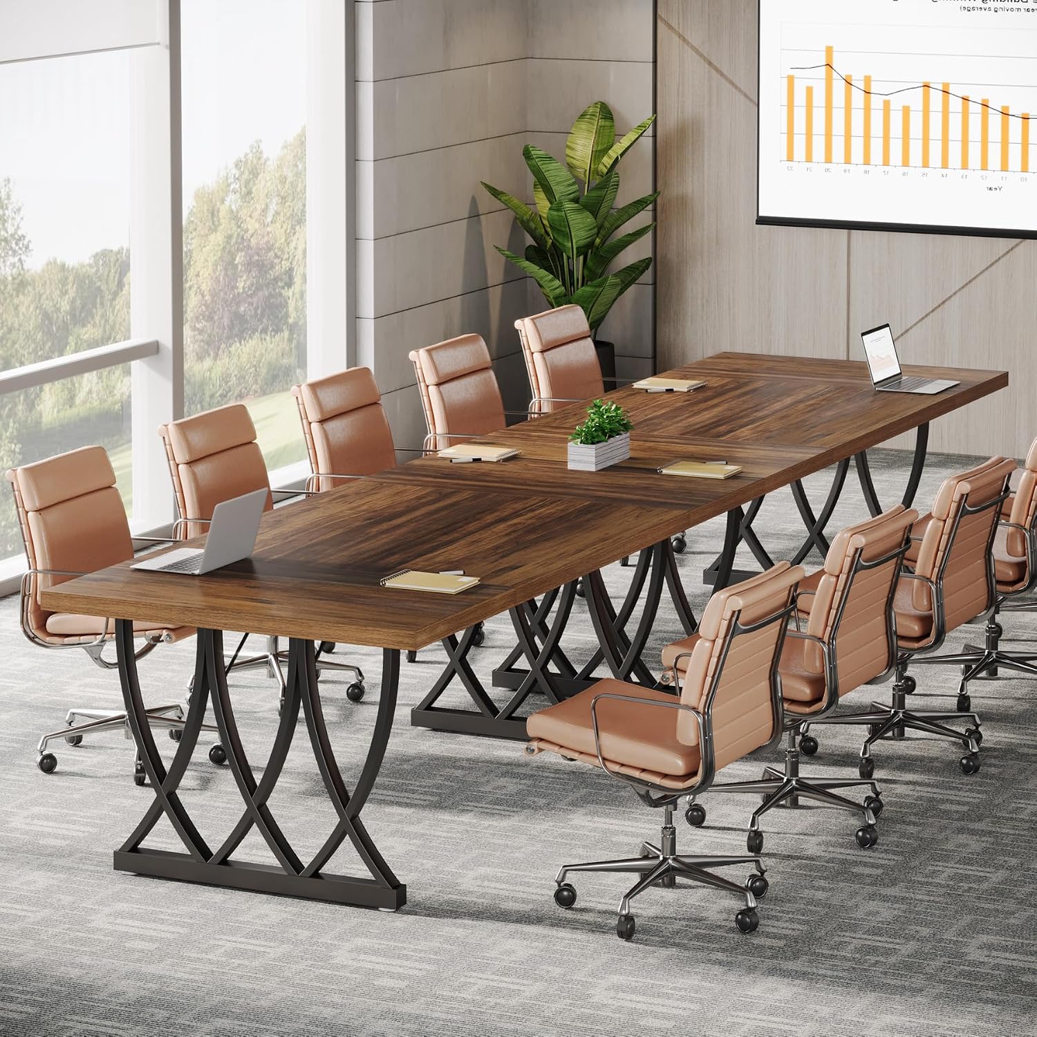 Tribesigns 6 ft Conference Table for 6-8 People, 70.86-Inch Rectangle Meeting Seminar Table with Unique Curved Metal Support for Home Office (Without Chair, Retro Brown & Black) (1)