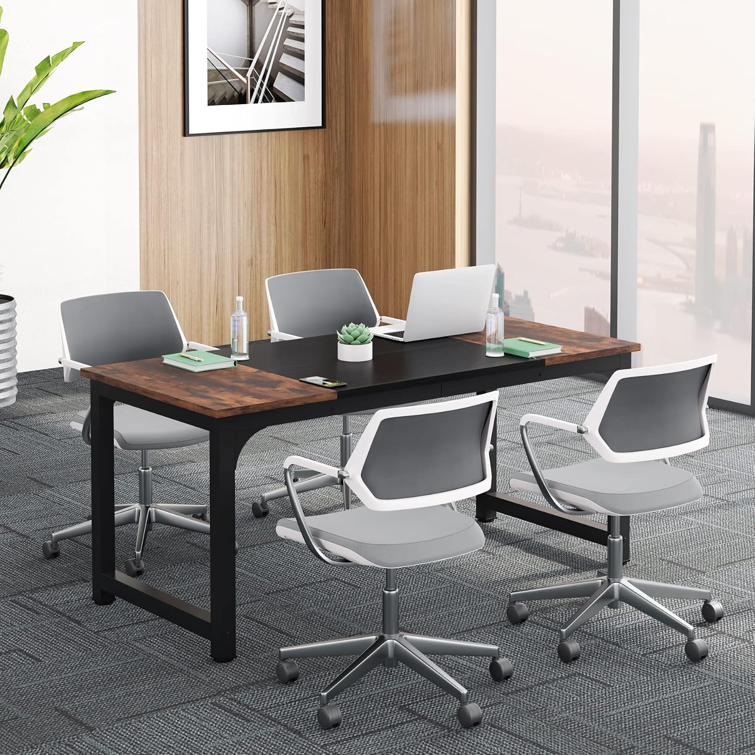 Tribesigns Conference Table, 63' W x 31.5' D Meeting Room Table Boardroom Desk for Office Conference Room, Splicing Board with Metal Frame, Rustic Brown/Black