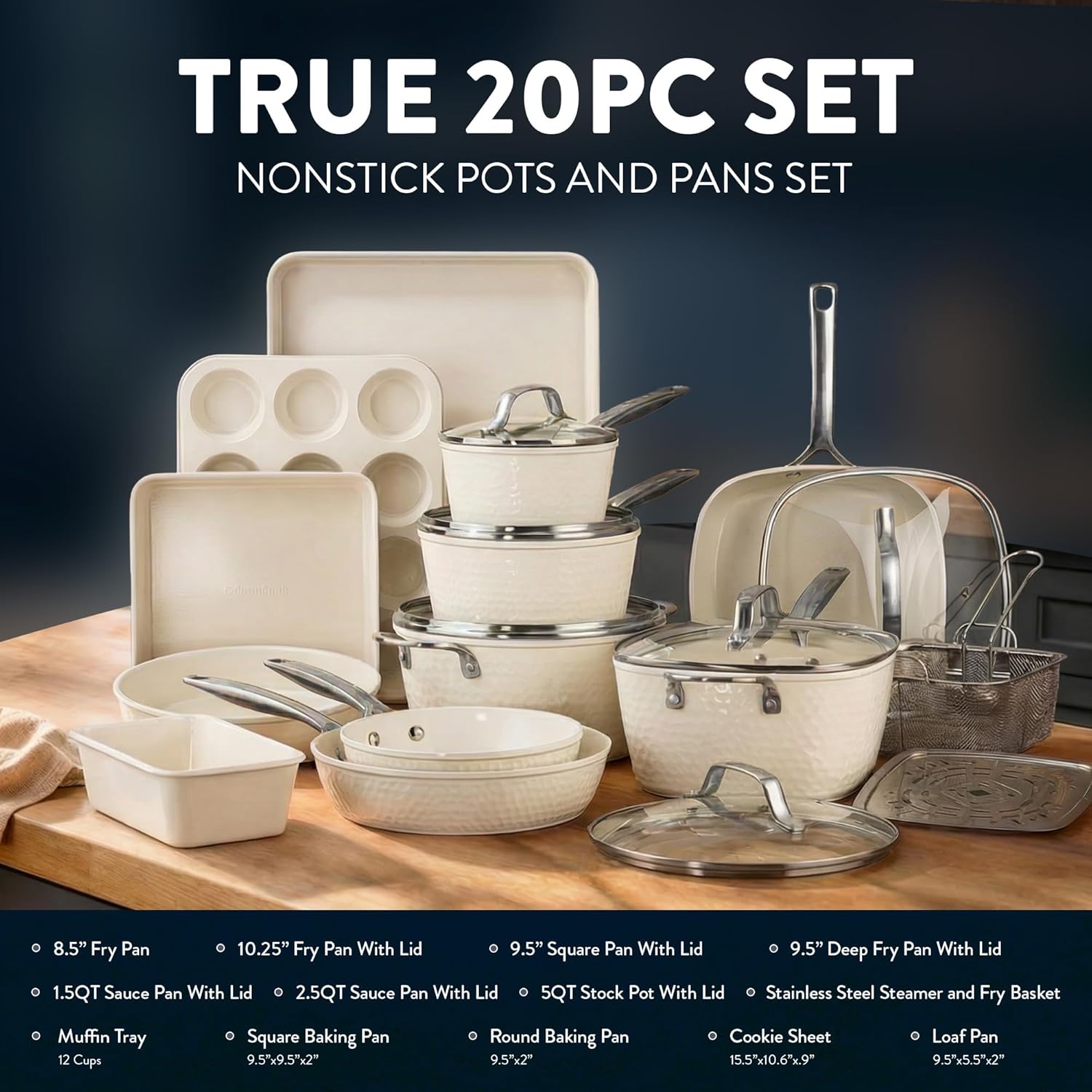 GOTHAM STEEL Hammered 20Pcs Ceramic Cookware Set Nonstick, Induction Pots and Pans Set Non Stick with Deep Fry Pan, Steamer, and Bakeware, Non Toxic PFOA PFOS Free, Oven & Dishwasher Safe
