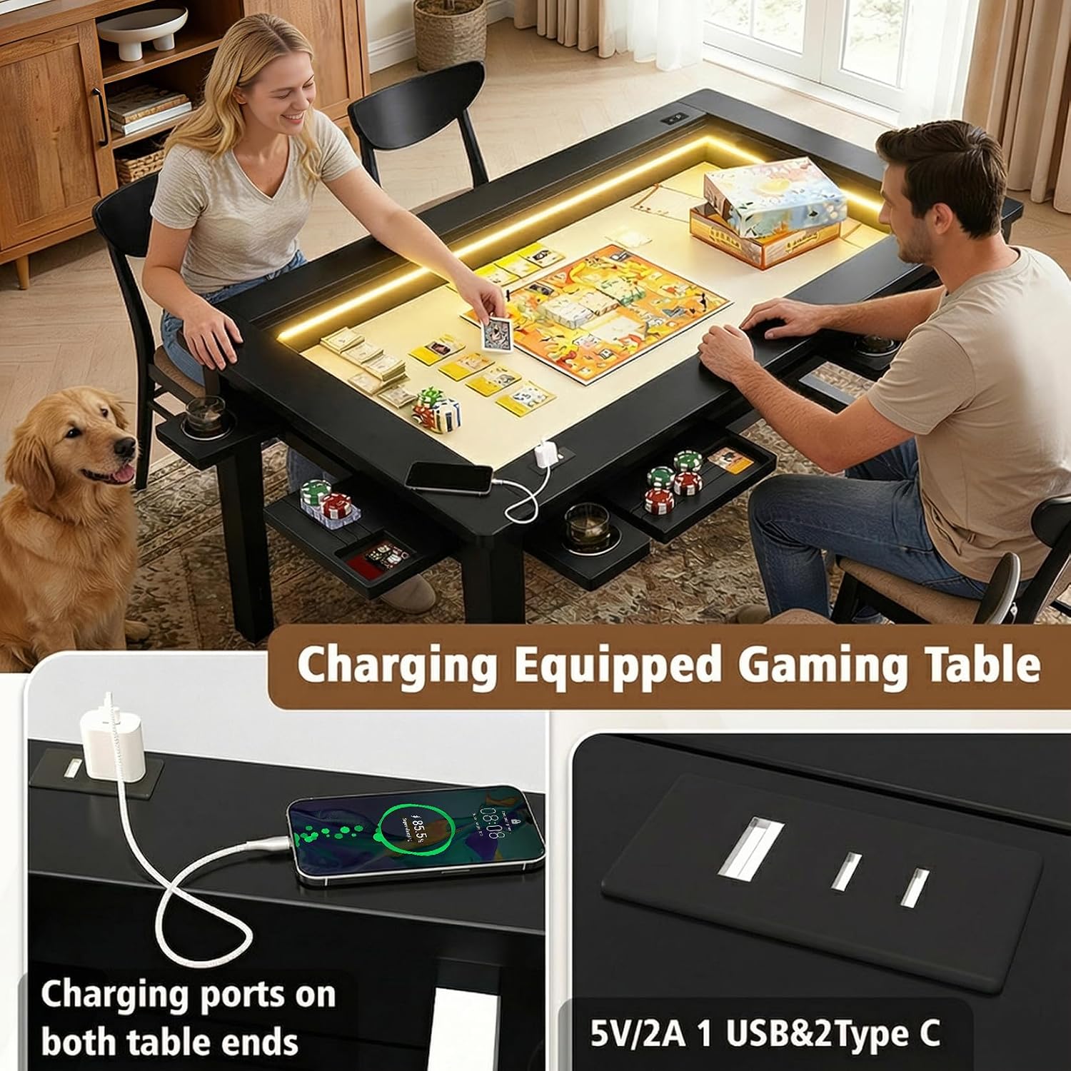 Haddockway Solid Wood Board Game Table with Colorful Led Lights, Dining/Gaming Table for 4-6 Players with Charge Station,Removable Top, Play Mat, 6 Cup Holders & Trays (Black)