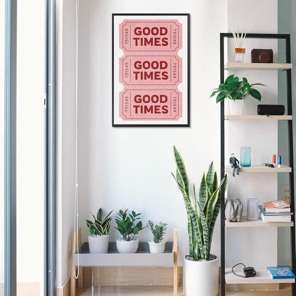 Vintage Pink Good Times Ticket Print Red Retro Pink Room Aesthetic Bathroom Canvas Wall Art Poster Trendy Pink White Pictures Ticket Wall Art For College Dorm Apartment Decor 24x36in Framed