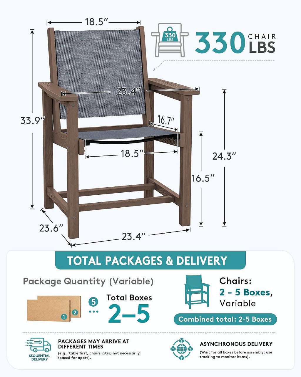 SERWALL Outdoor Dining Chairs Set of 2, All-Weather HDPE Textilene Sling Dining Chair for Backyard, Garden, Brown