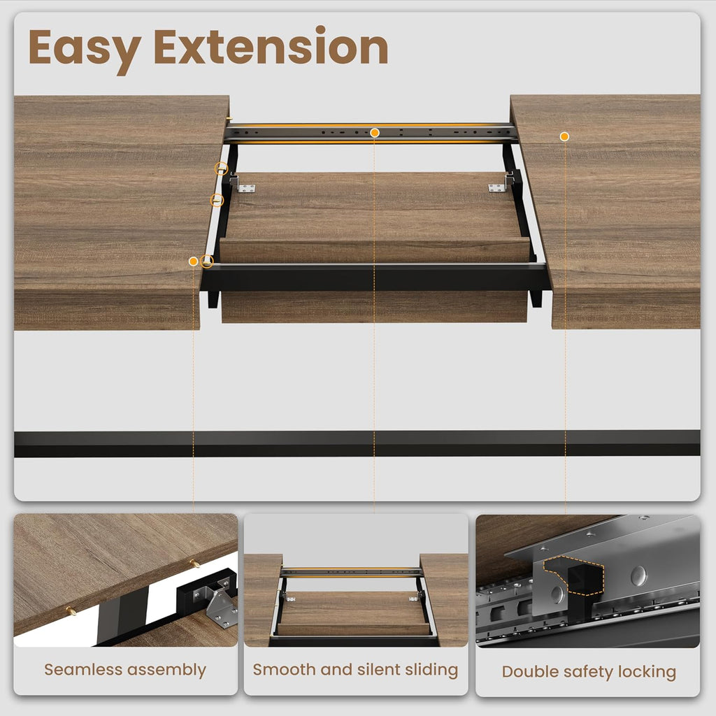 GarveeHome 63-83' Extendable Dining Table, Industrial Rectangular Dining Room Table for 6-8 People, Expandable Kitchen Table with Heavy Duty Metal Frame for Dining Room, Kitchen & Parties, Rustic Pear