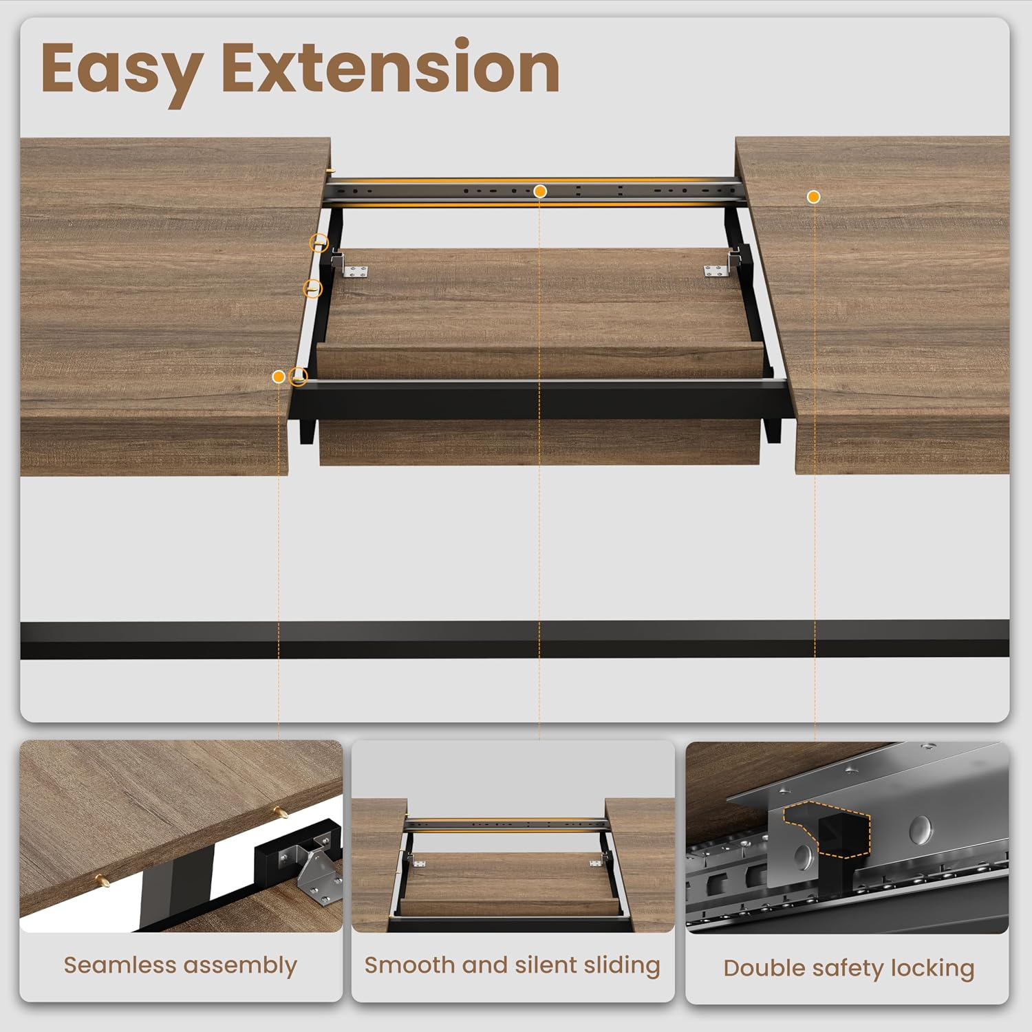 GarveeHome 63-83' Extendable Dining Table, Industrial Rectangular Dining Room Table for 6-8 People, Expandable Kitchen Table with Heavy Duty Metal Frame for Dining Room, Kitchen & Parties, Rustic Pear