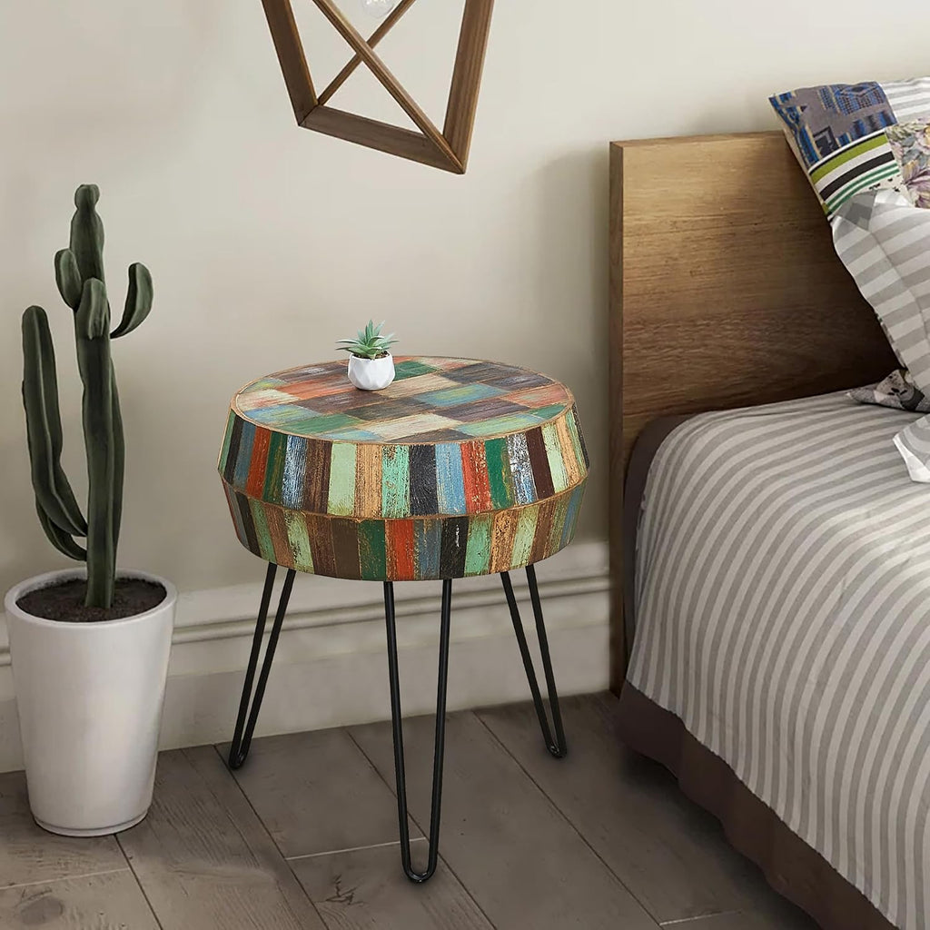 Multicolor Wood Round Drum Side Table 18.2'x18.2'x23.6'H Reclaimed Wooden Farmhouse Rustic Coffee End Table Vintage Accent Plant Stand Outdoor Living Room Bedroom Patio Home Decor