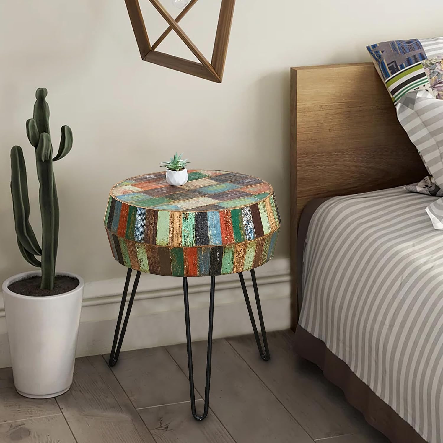 Multicolor Wood Round Drum Side Table 18.2'x18.2'x23.6'H Reclaimed Wooden Farmhouse Rustic Coffee End Table Vintage Accent Plant Stand Outdoor Living Room Bedroom Patio Home Decor