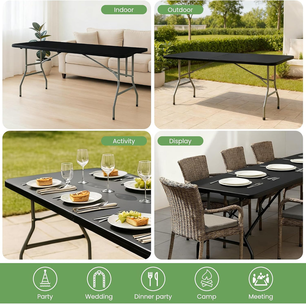 6FT Folding Table Set of 5 Portable Heavy Duty Plastic Table with Carrying Handle Fold-in-Half Utility Foldable Tables for Parties Wedding Events Dining Indoor Outdoor Picnic (Black)