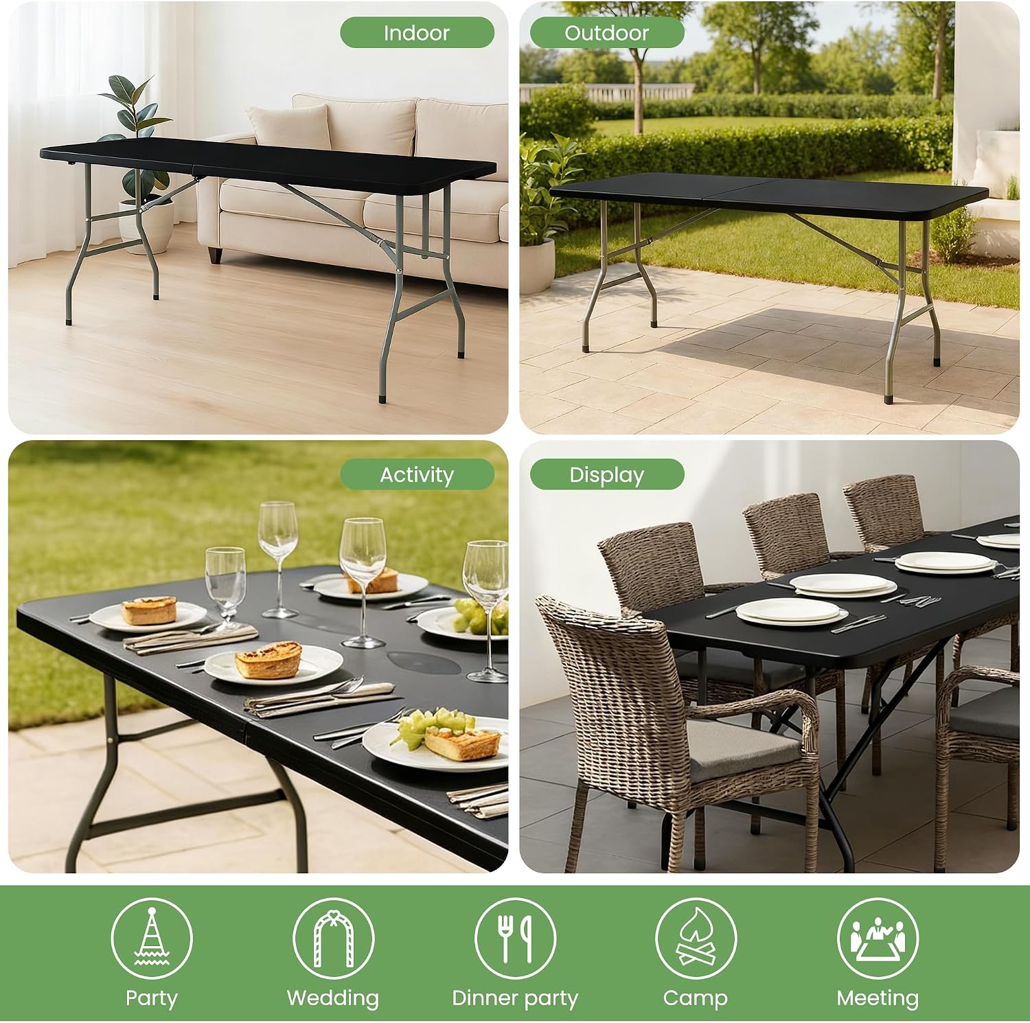6FT Folding Table Set of 5 Portable Heavy Duty Plastic Table with Carrying Handle Fold-in-Half Utility Foldable Tables for Parties Wedding Events Dining Indoor Outdoor Picnic (Black)