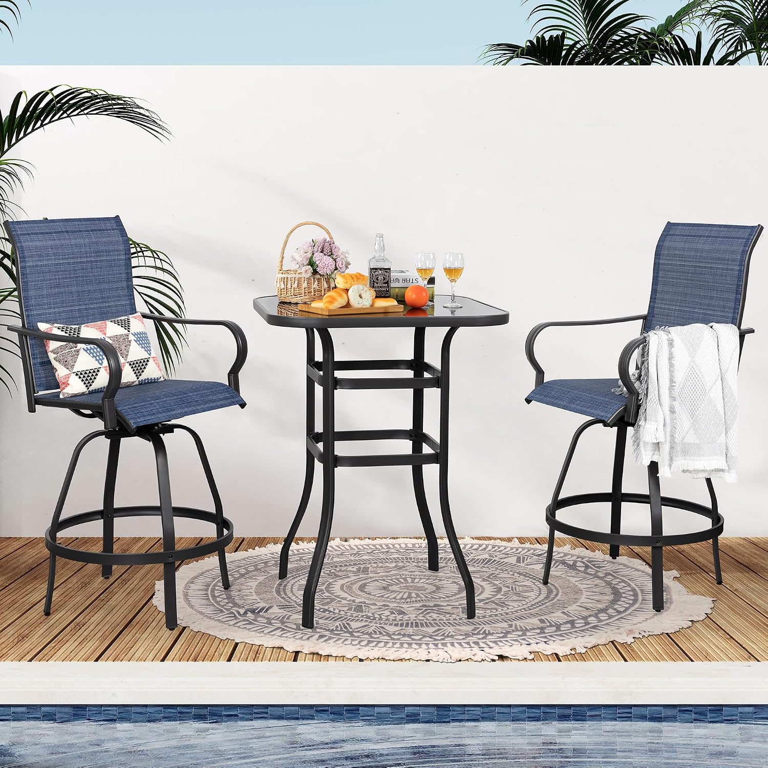 Shintenchi 3 Piece Patio Swivel Bar Stools Set, Outdoor Patio Bar Table and Chairs Set, All Weather Bar Height Chairs Set of 2, High Top Bistro Set Furniture for Balcony, Backyard, Garden, Deep Blue