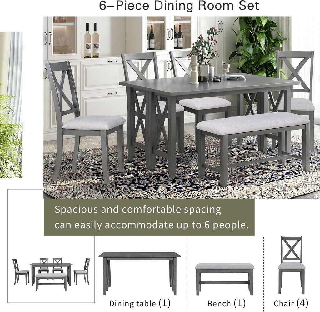 6 Pieces Dining Table Set, Wood Rectangle Table and 4 Chairs with Bench with Cushion, Kitchen Table Chairs Set for 6 Persons (Gray)