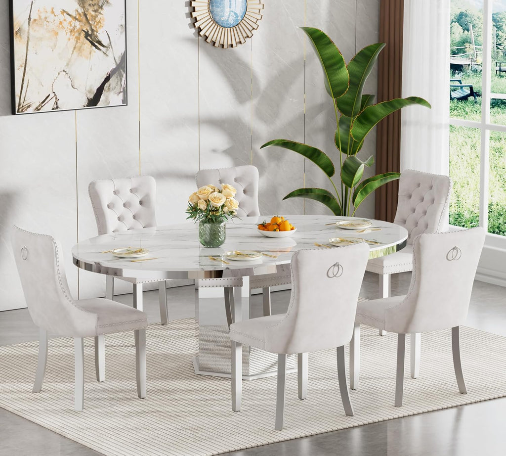 7 Pieces 47'-63' White Faux Marble Extendable Dining Table Set, Round Expanding Kitchen and Dining Room Table Set for 6 with Mirrored Acrylic Base & Beige Velvet Upholstered Chairs