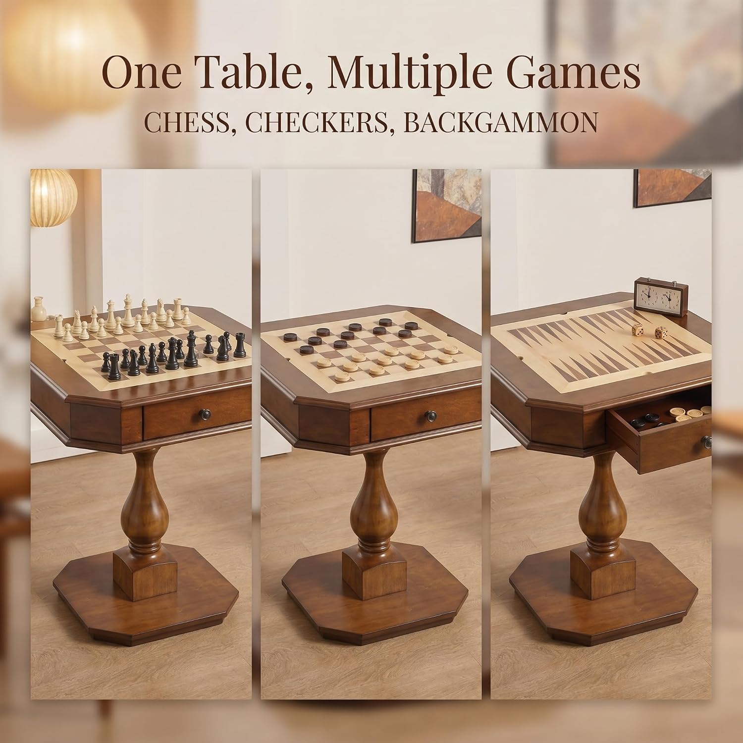 Chess Table, Reversible Chess Checker Game Table with 2 Drawers for Family Entertainment Room, 3-in-1 Square Game Tray for Chess Checker Backgammon, Cherry Finish