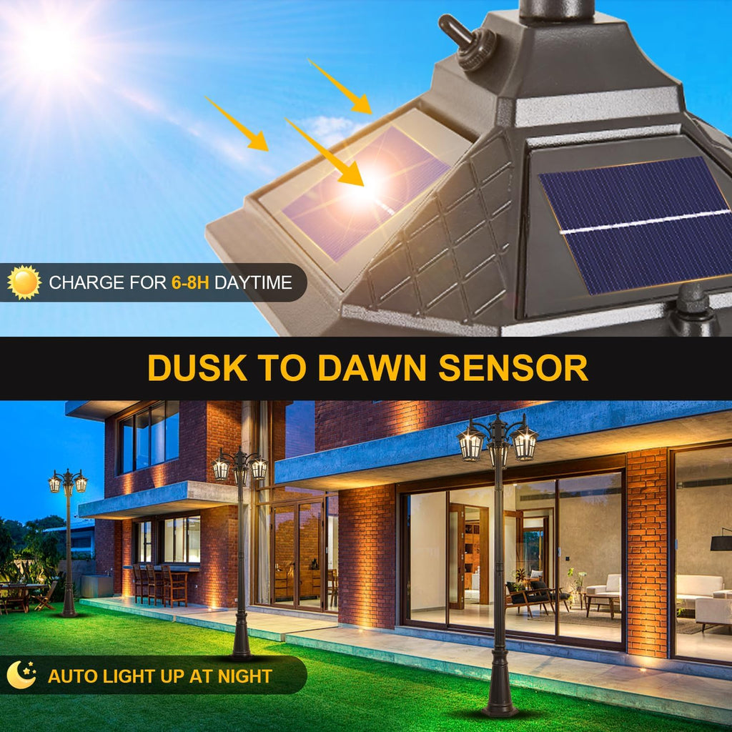 3-Head Solar Outdoor Street Light with Dusk to Dawn Sensor, Aluminum Exterior Pole Light with Water Ripple Glass, Classic Waterproof Black Solar Lamp Post Lights for Backyard, Garden, Driveway