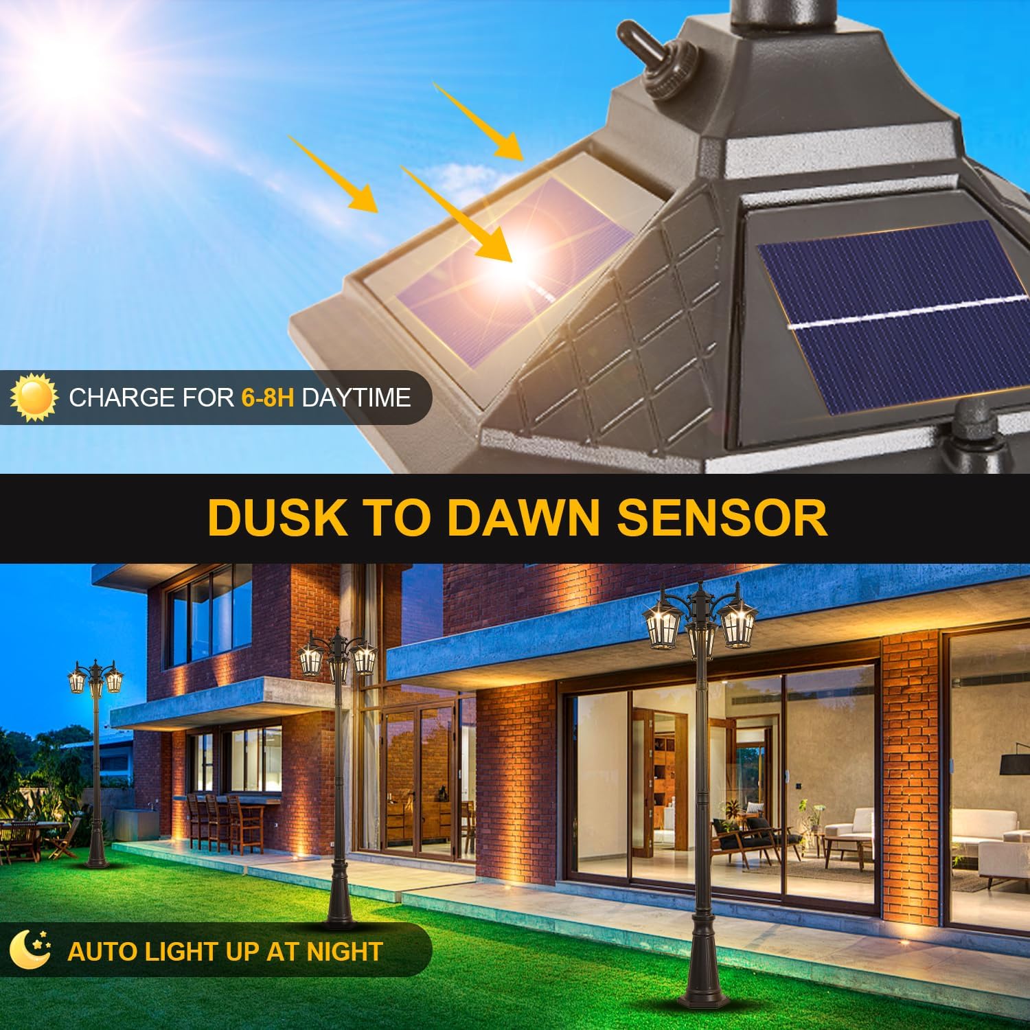 3-Head Solar Outdoor Street Light with Dusk to Dawn Sensor, Aluminum Exterior Pole Light with Water Ripple Glass, Classic Waterproof Black Solar Lamp Post Lights for Backyard, Garden, Driveway