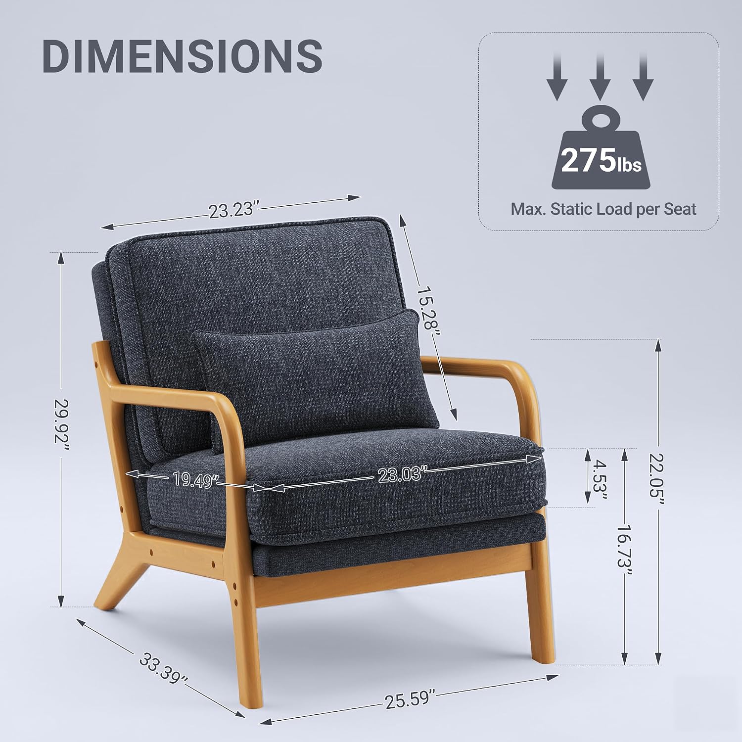 MALOL Accent Chair Set of 2 with Solid Wood Frame, Mid-Century Relaxing Armchair Lumbar Pillow& Soft Cushion, Reading Leisure Chair for Living Room, Bedroom, Waiting Room-Blue