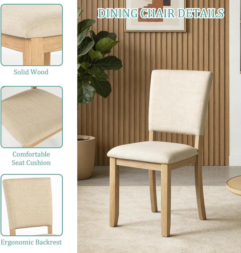 leovanni Round Dining Table Set for 4, Kitchen Table with 4 Upholstered Chairs, 5-Piece Wood Dining Table and Chairs Set for Kitchen, Dining Room, Living Room, Natural